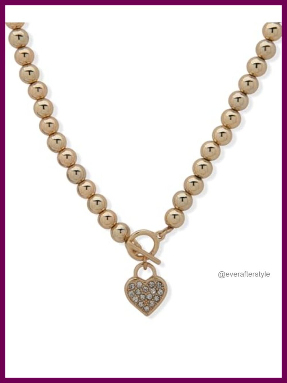 Anne Klein Gold Tone Heart Charm Necklace - Beaded Toggle Chain with Pave Heart